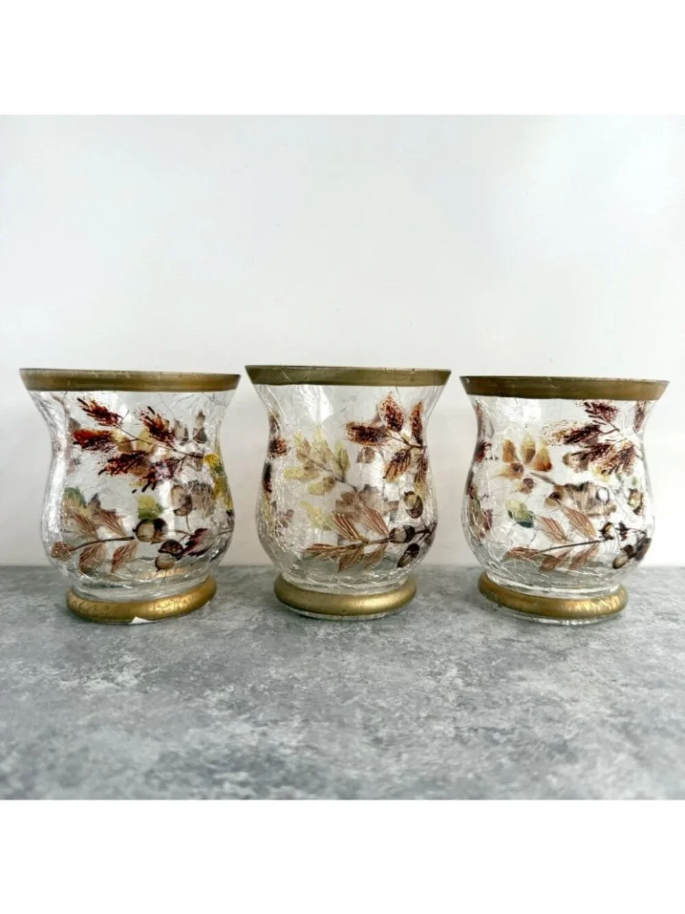 3 Yankee Candle Crackle Glass Autumn Fall Leaves Candle Holders Country Cottage